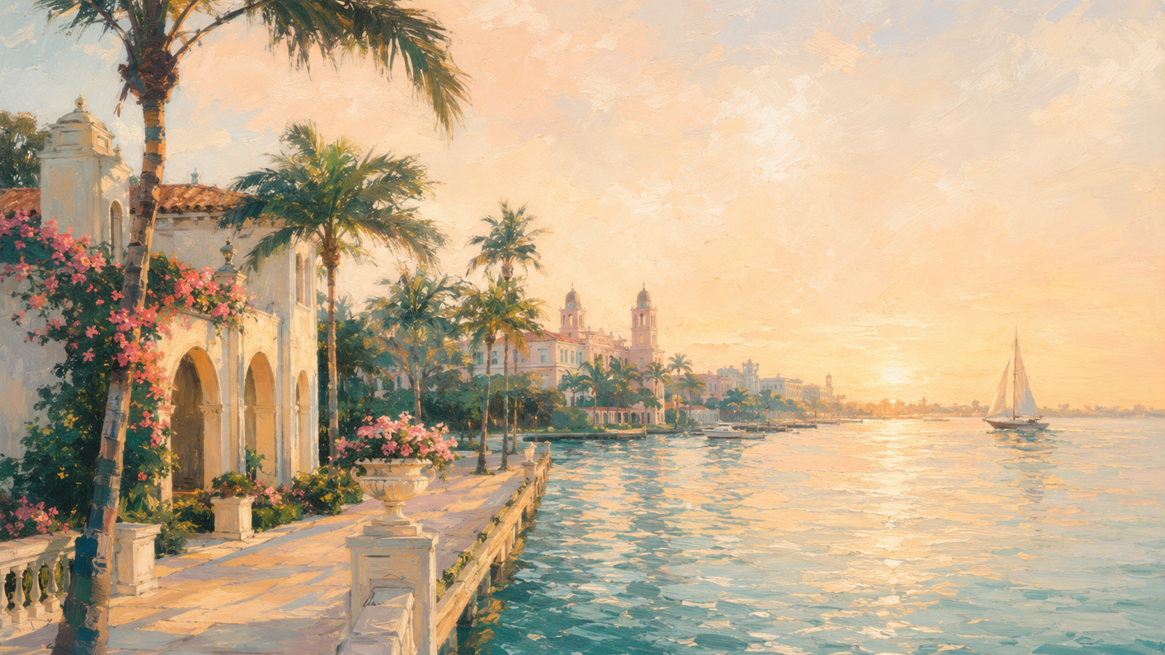 Impressionist Palm Beach waterfront at golden hour